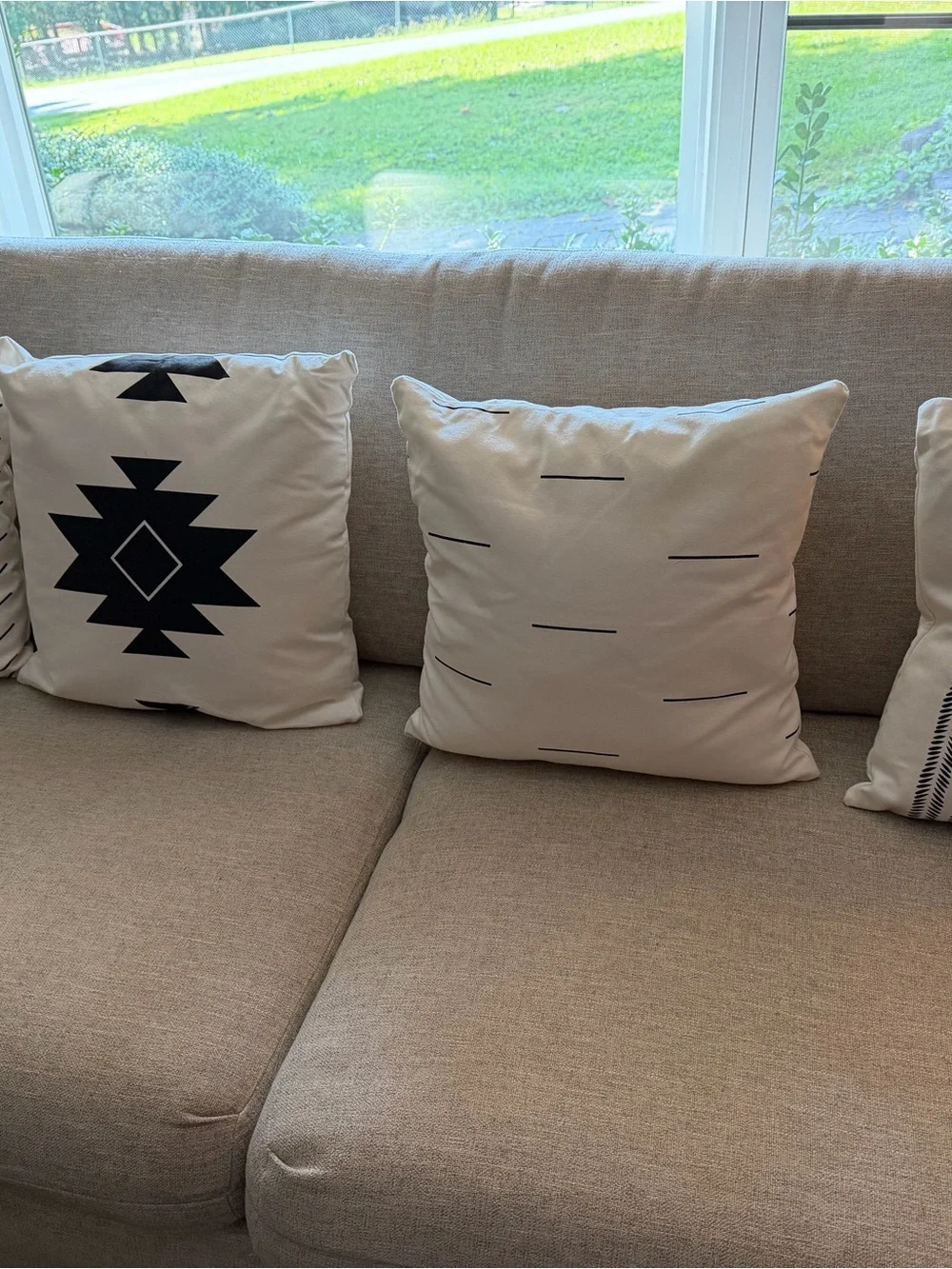 Neutral Cotton Throw Pillows with Black Geometric Print - Set of 4